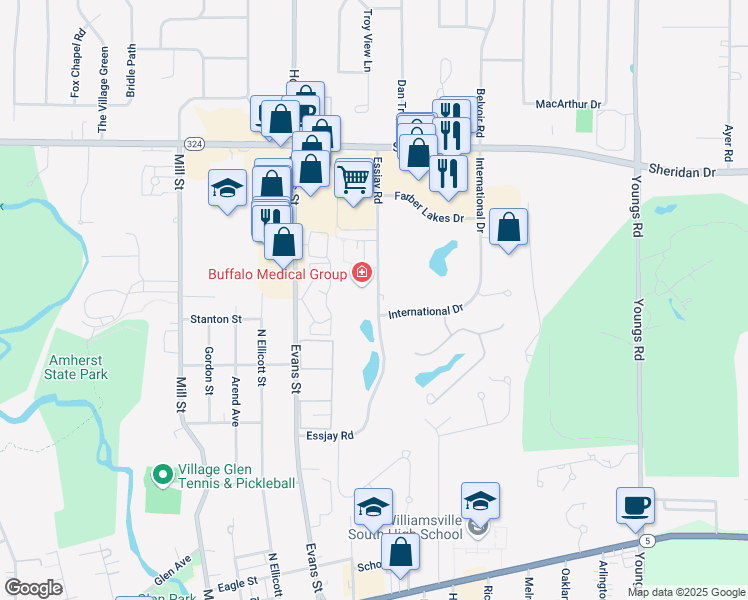 map of restaurants, bars, coffee shops, grocery stores, and more near 325 Essjay Road in Buffalo