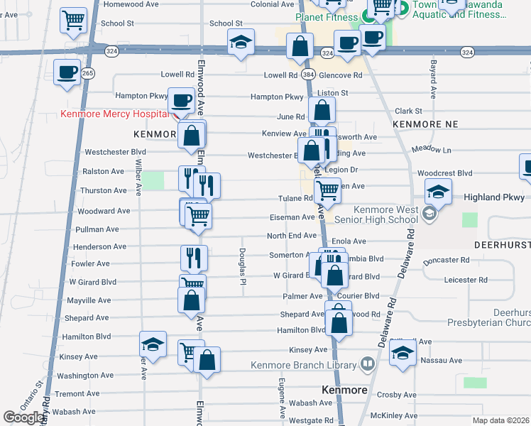 map of restaurants, bars, coffee shops, grocery stores, and more near 79 Eiseman Avenue in Buffalo