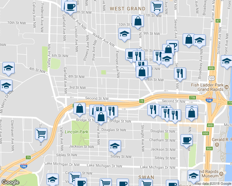 map of restaurants, bars, coffee shops, grocery stores, and more near 923 Second Street Northwest in Grand Rapids