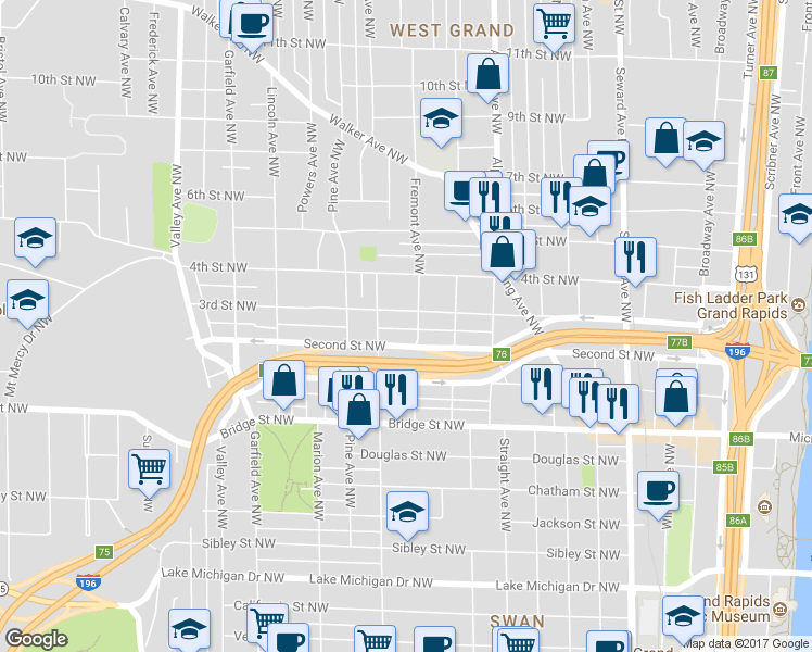 map of restaurants, bars, coffee shops, grocery stores, and more near 923 Second Street Northwest in Grand Rapids