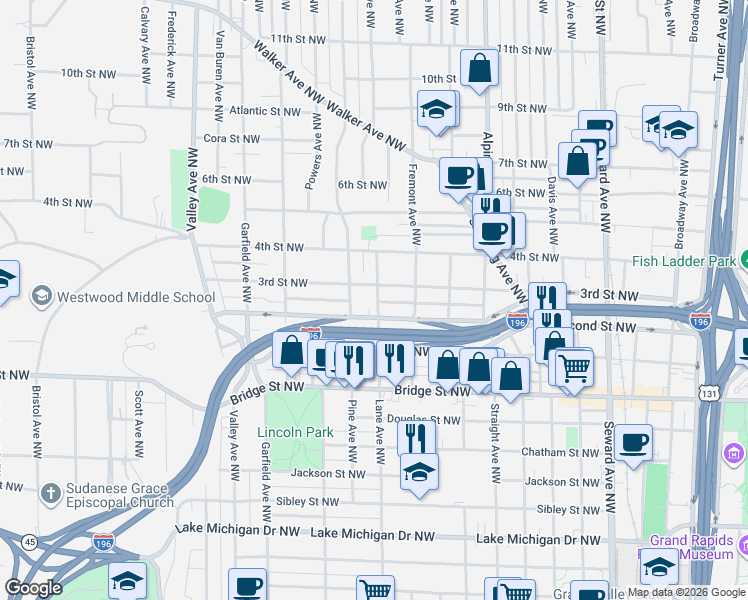 map of restaurants, bars, coffee shops, grocery stores, and more near 548 Pine Avenue Northwest in Grand Rapids