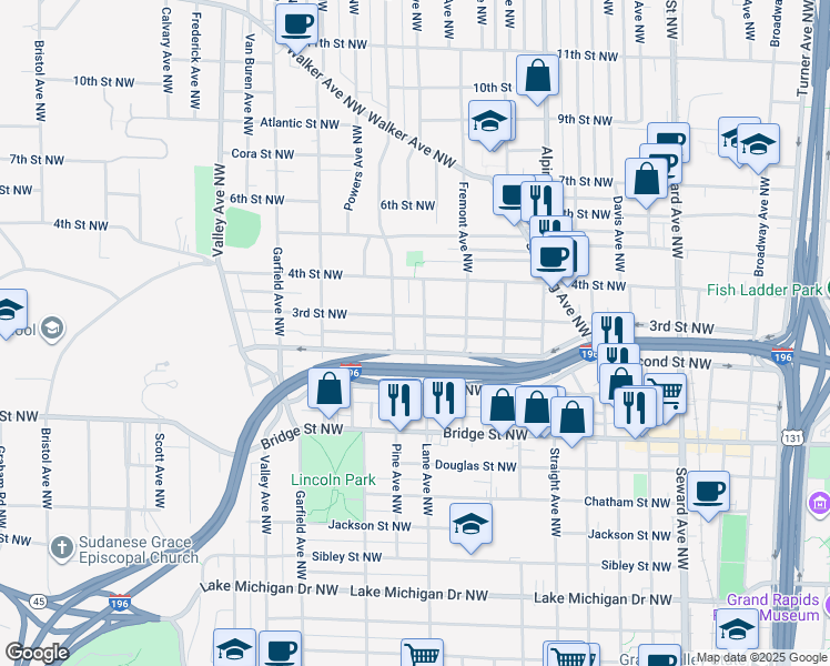 map of restaurants, bars, coffee shops, grocery stores, and more near 548 Pine Avenue Northwest in Grand Rapids