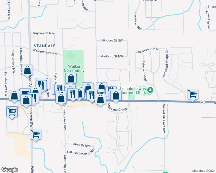 map of restaurants, bars, coffee shops, grocery stores, and more near 478 Kinney Avenue Northwest in Walker