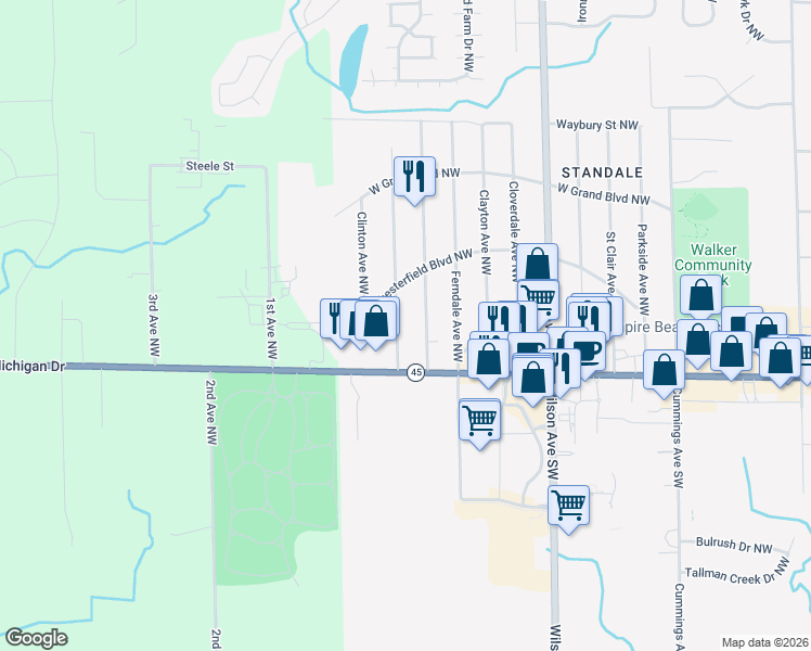 map of restaurants, bars, coffee shops, grocery stores, and more near 444 Lasalle Avenue Northwest in Grand Rapids