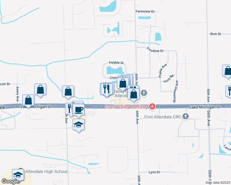 map of restaurants, bars, coffee shops, grocery stores, and more near 6163 Lake Michigan Drive in Allendale Charter Township