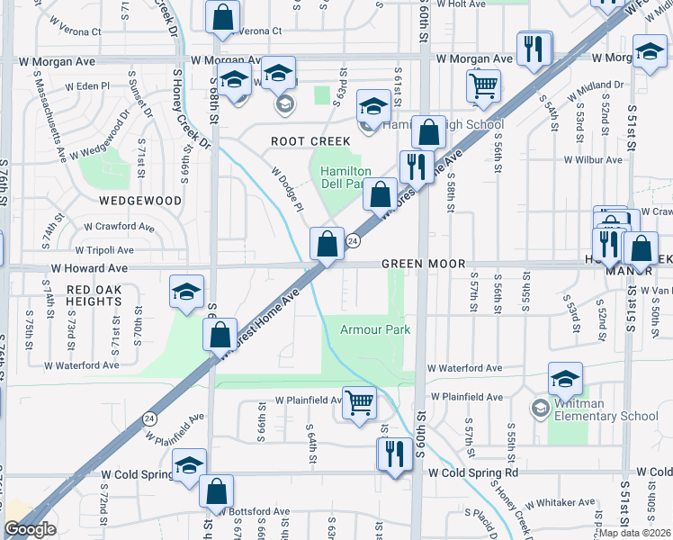 map of restaurants, bars, coffee shops, grocery stores, and more near 3904 South Tara Hill Drive in Greenfield