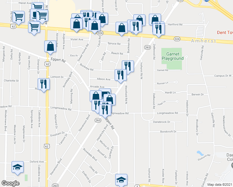 map of restaurants, bars, coffee shops, grocery stores, and more near 719 Millersport Highway in Buffalo