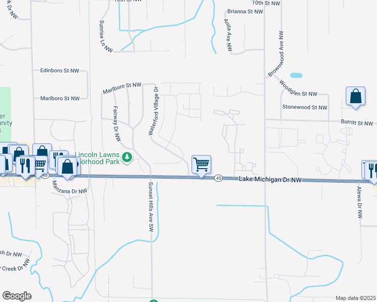map of restaurants, bars, coffee shops, grocery stores, and more near 3485 Lake Michigan Dr NW in Grand Rapids