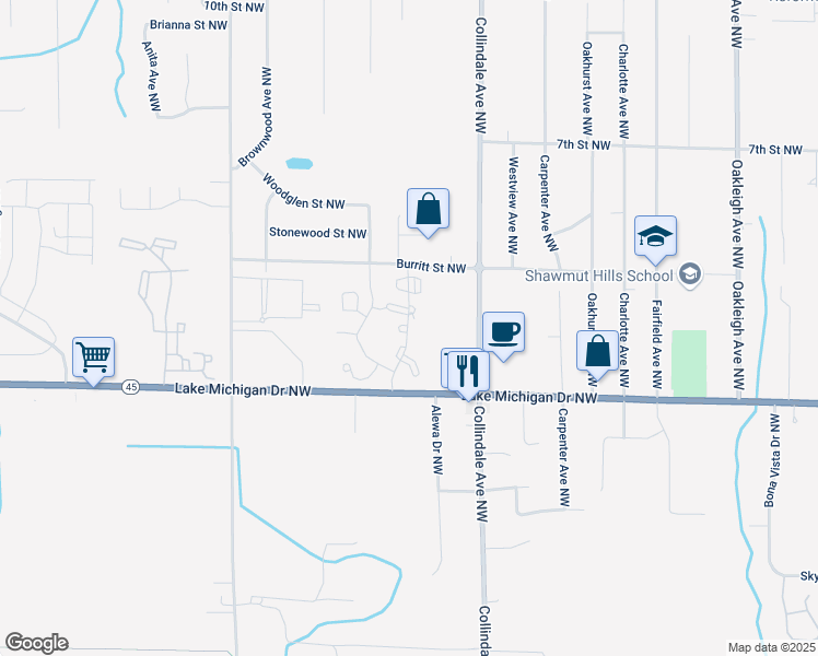 map of restaurants, bars, coffee shops, grocery stores, and more near 2911 Lake Michigan Drive Northwest in Grand Rapids