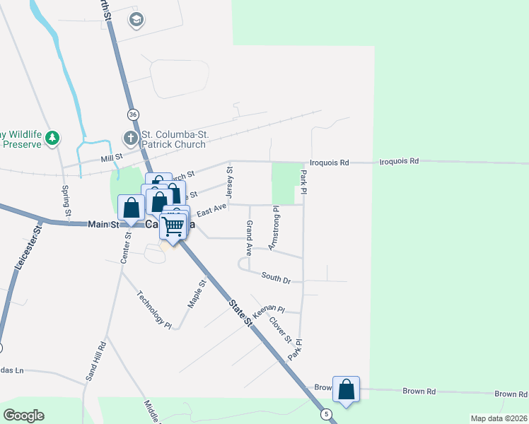 map of restaurants, bars, coffee shops, grocery stores, and more near 3262 East Avenue in Caledonia