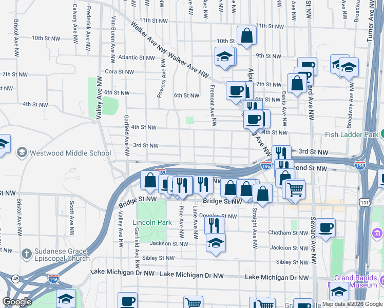 map of restaurants, bars, coffee shops, grocery stores, and more near 548 Pine Avenue Northwest in Grand Rapids