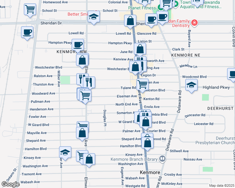 map of restaurants, bars, coffee shops, grocery stores, and more near 79 Eiseman Avenue in Buffalo