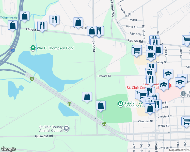 map of restaurants, bars, coffee shops, grocery stores, and more near 801 32nd Street in Port Huron