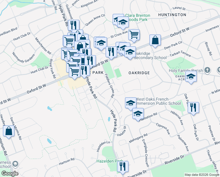 map of restaurants, bars, coffee shops, grocery stores, and more near 15 Fiddlers Green Road in London