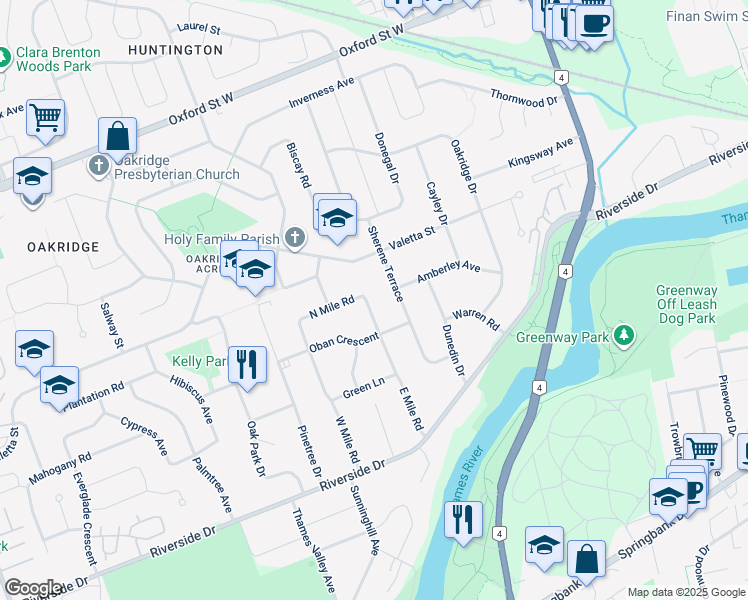 map of restaurants, bars, coffee shops, grocery stores, and more near 519 East Mile Road in London