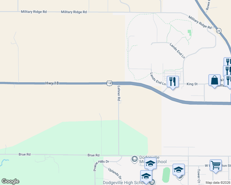 map of restaurants, bars, coffee shops, grocery stores, and more near 3288 Lehner Road in Dodgeville