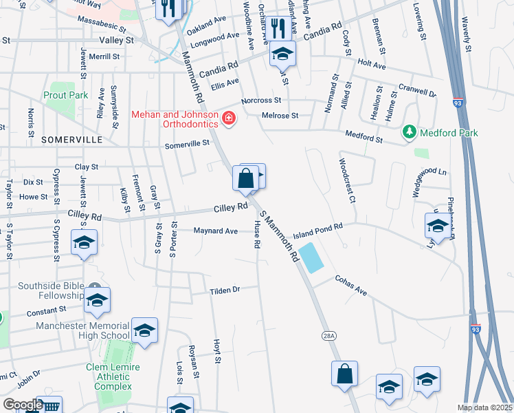 map of restaurants, bars, coffee shops, grocery stores, and more near Mammoth Road in Manchester