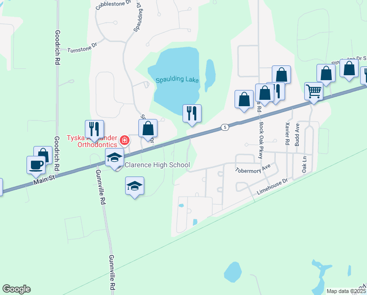 map of restaurants, bars, coffee shops, grocery stores, and more near 9745 Main Street in Clarence