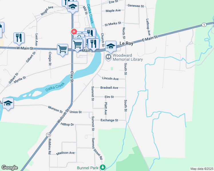 map of restaurants, bars, coffee shops, grocery stores, and more near 20 Bradnell Avenue in Le Roy