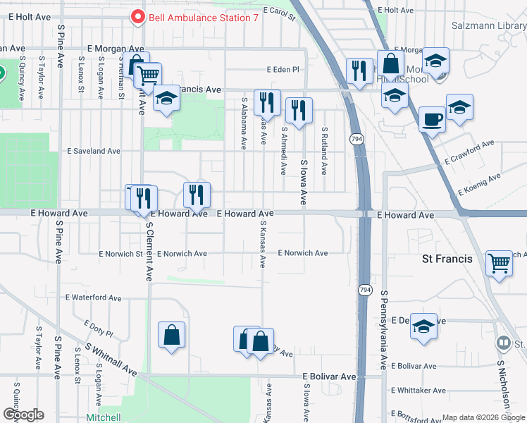 map of restaurants, bars, coffee shops, grocery stores, and more near E Howard Ave & S Kansas Ave in Milwaukee