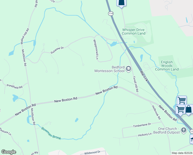 map of restaurants, bars, coffee shops, grocery stores, and more near 81 New Boston Road in Bedford