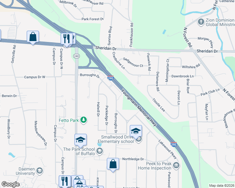 map of restaurants, bars, coffee shops, grocery stores, and more near 439 Burroughs Drive in Buffalo