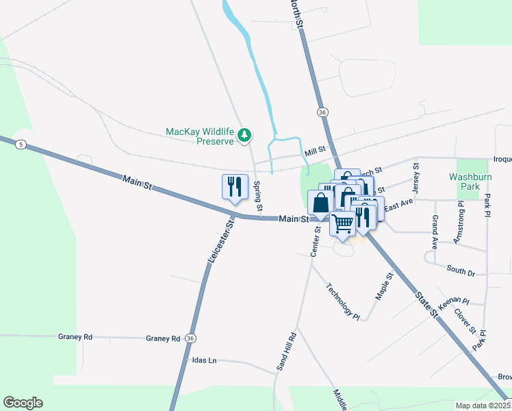 map of restaurants, bars, coffee shops, grocery stores, and more near 3039 Main Street in Caledonia