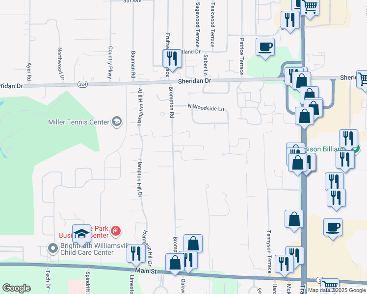 map of restaurants, bars, coffee shops, grocery stores, and more near 275 Brompton Road in Buffalo