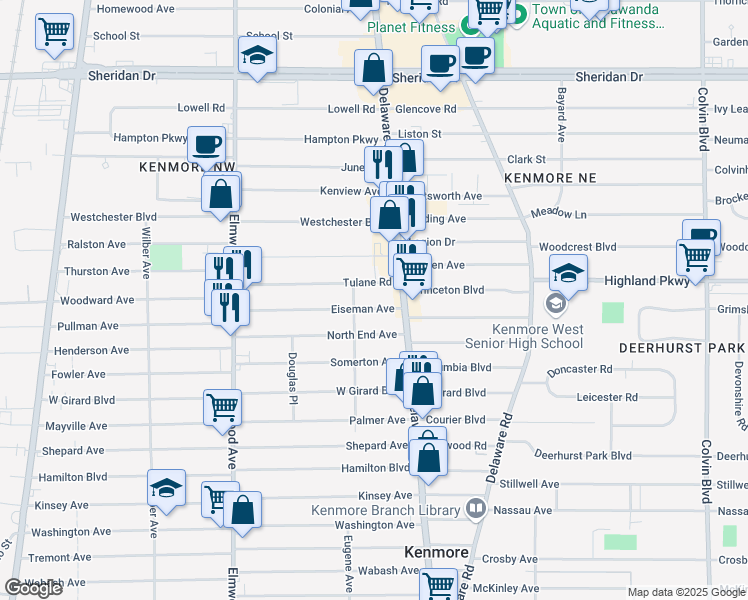 map of restaurants, bars, coffee shops, grocery stores, and more near 38 Eiseman Avenue in Buffalo