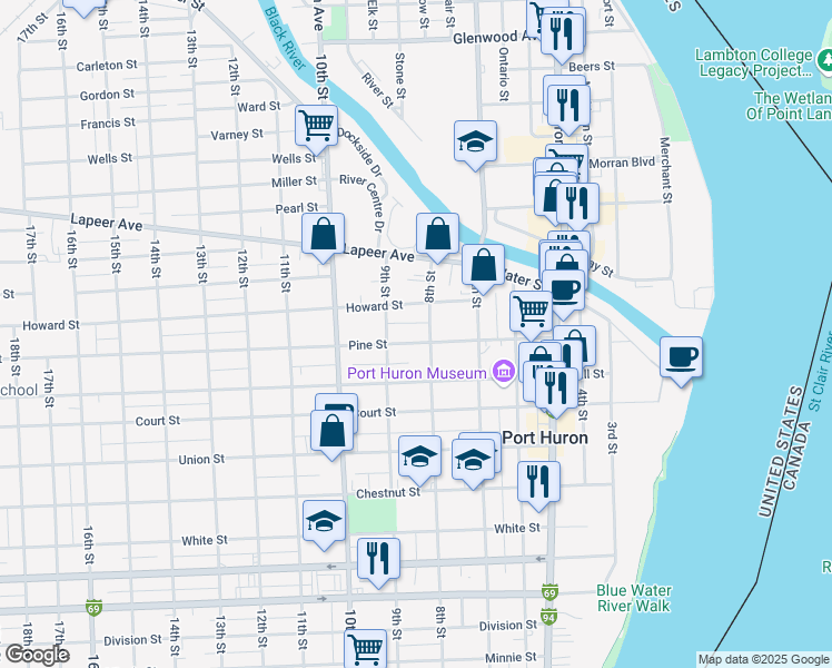 map of restaurants, bars, coffee shops, grocery stores, and more near 800 Pine Street in Port Huron