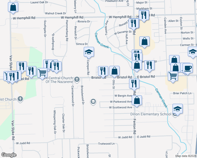 map of restaurants, bars, coffee shops, grocery stores, and more near 1155 West Bristol Road in Flint