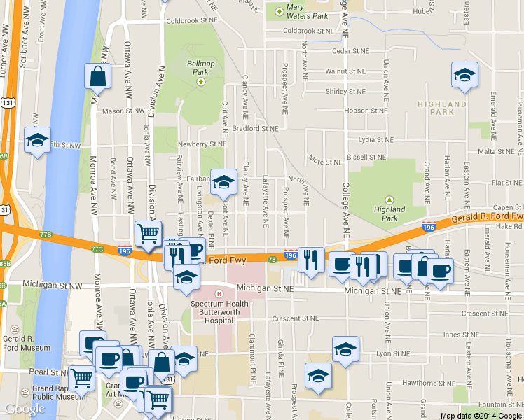 map of restaurants, bars, coffee shops, grocery stores, and more near 547 Lafayette Avenue Northeast in Grand Rapids