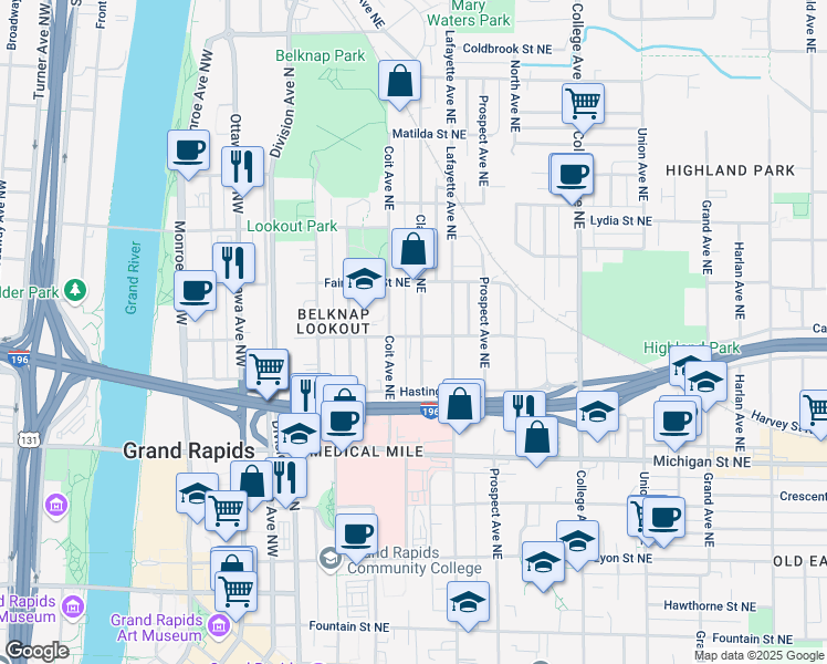 map of restaurants, bars, coffee shops, grocery stores, and more near 547 Clancy Avenue Northeast in Grand Rapids