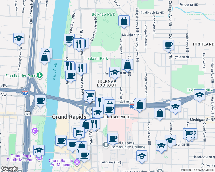 map of restaurants, bars, coffee shops, grocery stores, and more near in Grand Rapids
