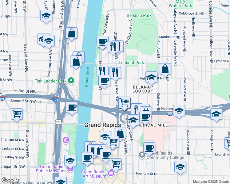 map of restaurants, bars, coffee shops, grocery stores, and more near 600 Bond Avenue Northwest in Grand Rapids