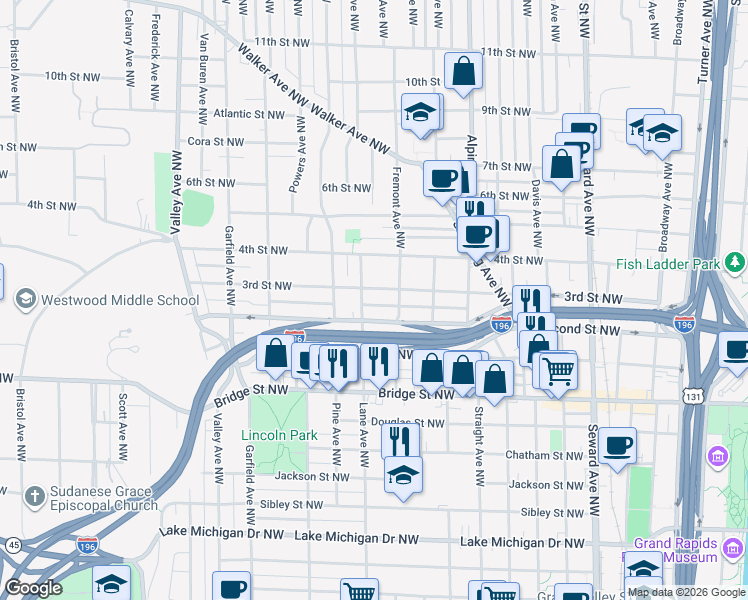 map of restaurants, bars, coffee shops, grocery stores, and more near 923 Second Street Northwest in Grand Rapids