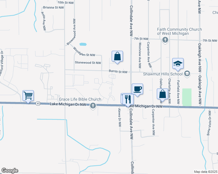 map of restaurants, bars, coffee shops, grocery stores, and more near 2911 Lake Michigan Drive Northwest in Grand Rapids