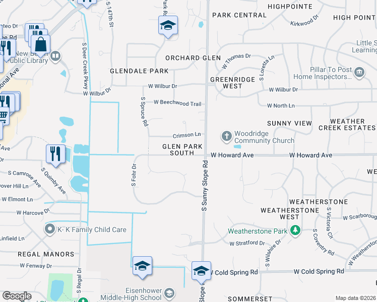map of restaurants, bars, coffee shops, grocery stores, and more near 14135 West Howard Avenue in New Berlin