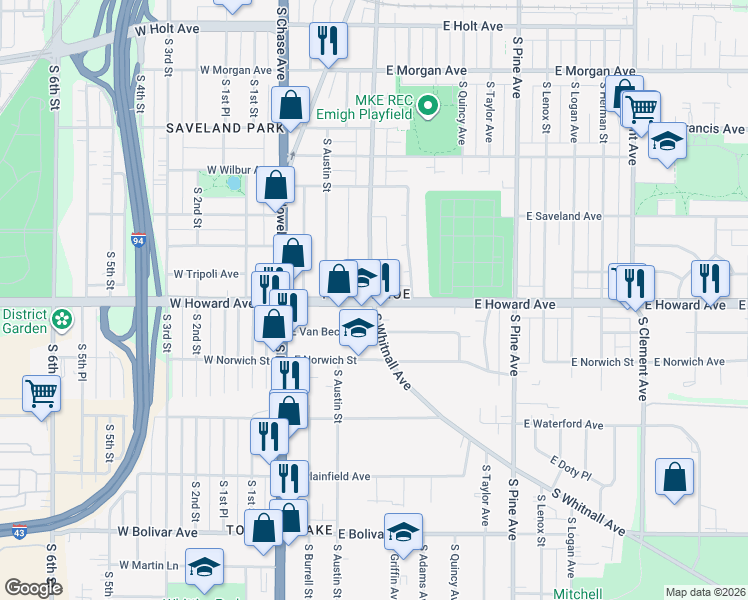 map of restaurants, bars, coffee shops, grocery stores, and more near E Howard Ave & S Whitnall Ave in Milwaukee
