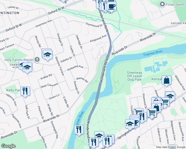 map of restaurants, bars, coffee shops, grocery stores, and more near 495 Oakridge Drive in London
