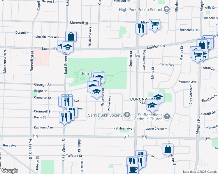 map of restaurants, bars, coffee shops, grocery stores, and more near 170 Sycamore Drive in Sarnia
