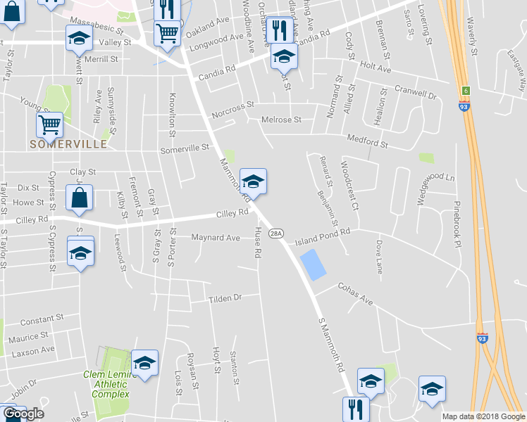 map of restaurants, bars, coffee shops, grocery stores, and more near 6 South Mammoth Road in Manchester