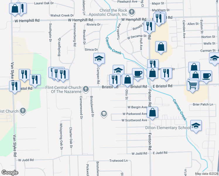 map of restaurants, bars, coffee shops, grocery stores, and more near 1155 West Bristol Road in Flint
