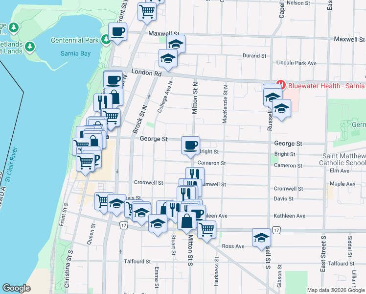 map of restaurants, bars, coffee shops, grocery stores, and more near 130 Bright Street in Sarnia