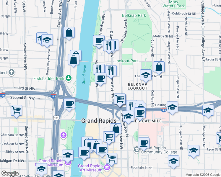 map of restaurants, bars, coffee shops, grocery stores, and more near 601 Ottawa Avenue Northwest in Grand Rapids