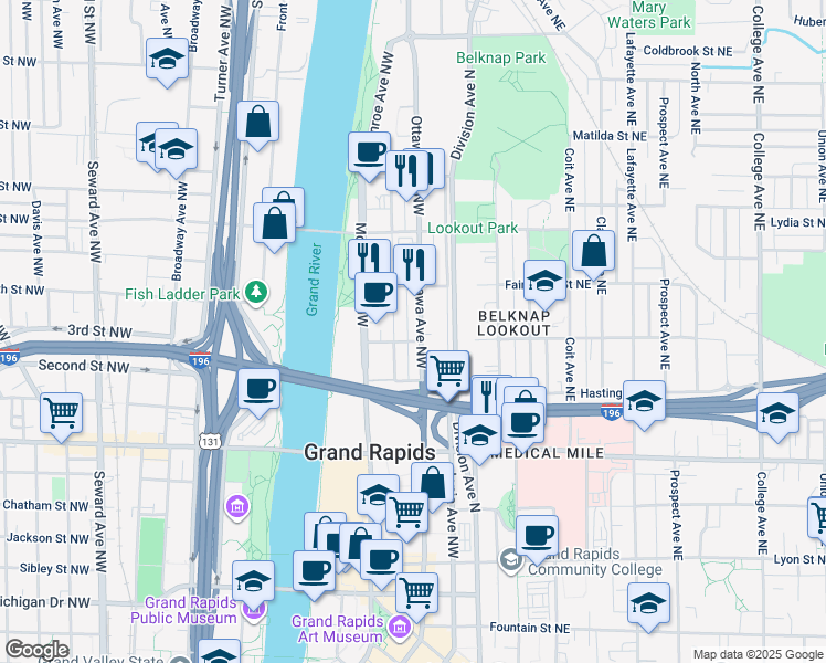 map of restaurants, bars, coffee shops, grocery stores, and more near 601 Ottawa Avenue Northwest in Grand Rapids