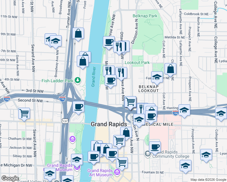 map of restaurants, bars, coffee shops, grocery stores, and more near 601 Bond Avenue Northwest in Grand Rapids