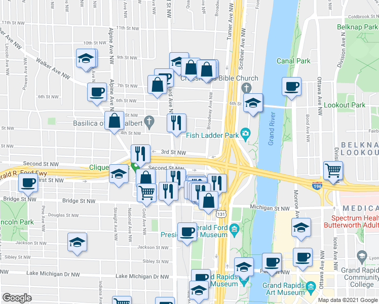 map of restaurants, bars, coffee shops, grocery stores, and more near 466 3rd Street Northwest in Grand Rapids
