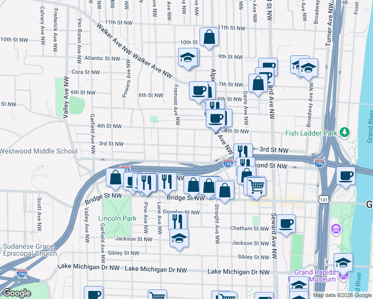 map of restaurants, bars, coffee shops, grocery stores, and more near 852 3rd Street Northwest in Grand Rapids