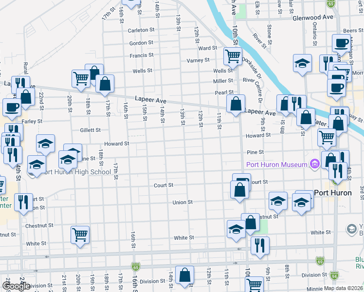 map of restaurants, bars, coffee shops, grocery stores, and more near 1313 Pine Street in Port Huron